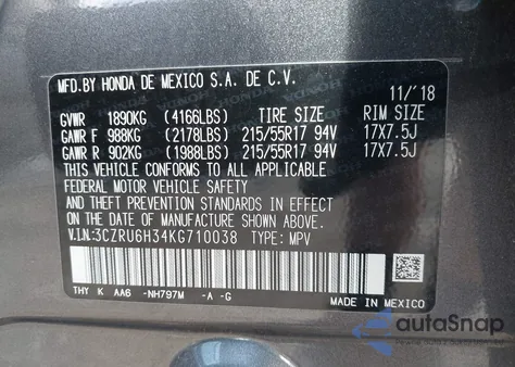 2019 Honda Hr-V Lx z USA, uszkodzony, nr VIN 3CZRU6H34KG710038